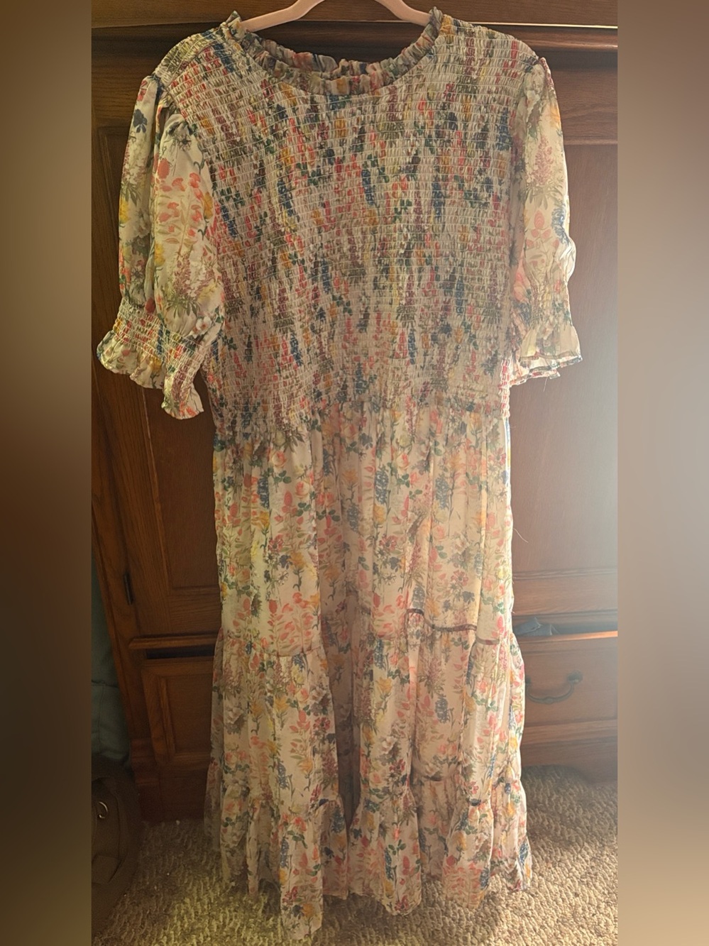 Ivy City Co Floral Smocked Maxi Dress in Cream and Pastels